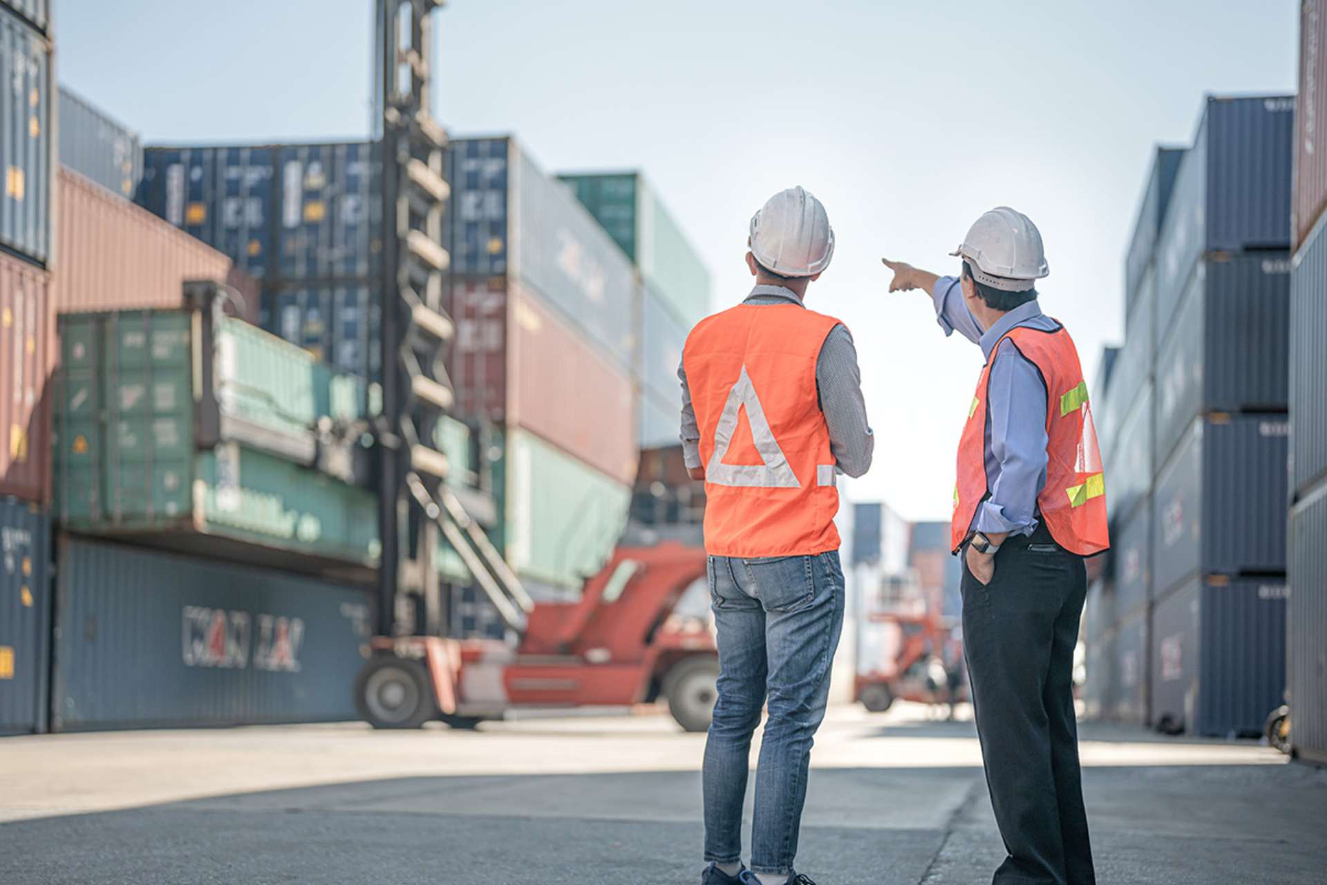 Two men in hard hats and high vis stand surrounded by shipping containers, one is pointing into the distance while the other looks on.