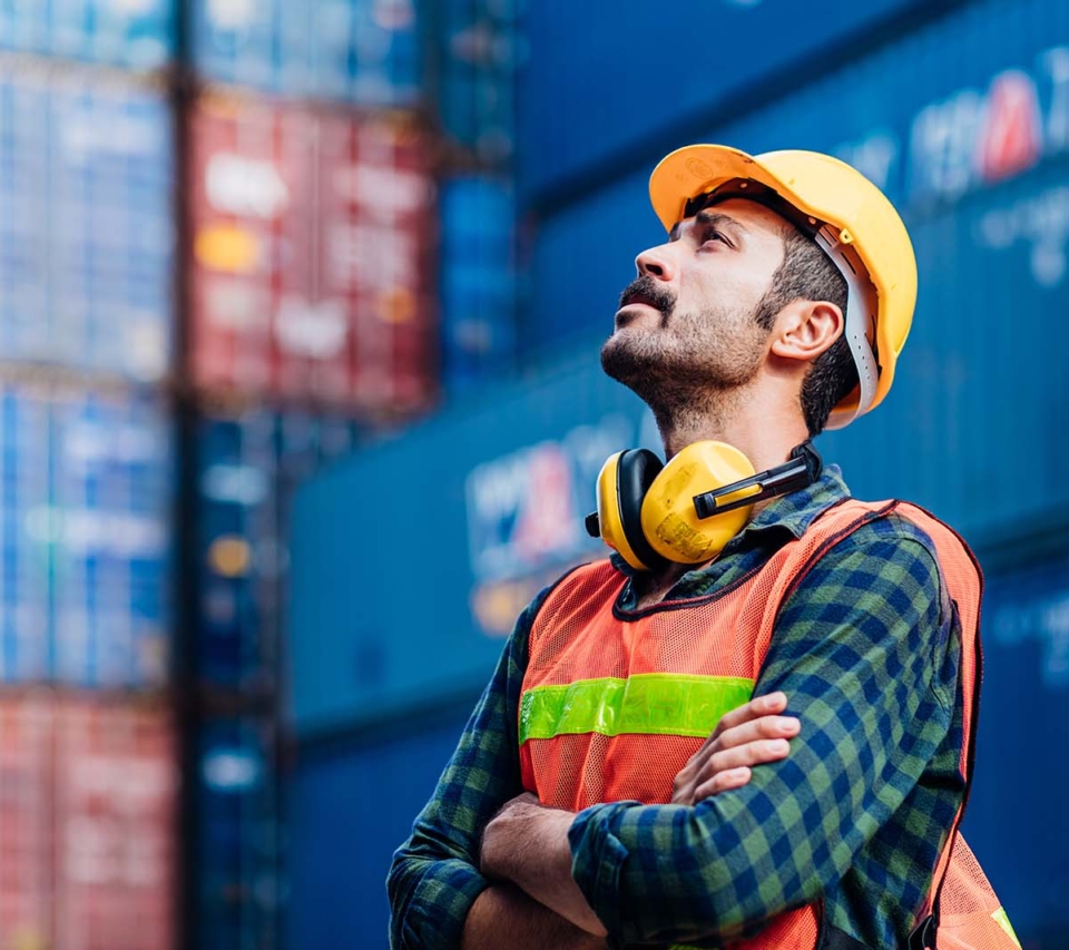 A man in a hard hat and high vis with ear defenders around his neck stands in a ship yard. He is looking up with his arms folded, and surrounded by shipping containers.