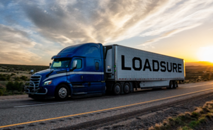 A photograph at dusk of a truck with a blue cabin and a long white container, with the word 'LOADSURE' on the side.